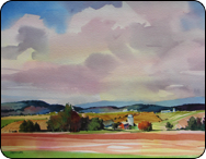 watercolor farm land, clouds